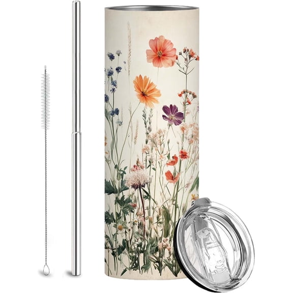 20 oz Tumbler | Skinny Insulated Travel Mug with Leak-proof Lid and Telescopic Straw | Wildflower Floral Stainless Steel Coffee Cup for Hot & Cold Drinks | Christmas Gifts for Women