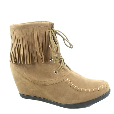 - Glady-84 Women's Fashion Fringe Lace UP Low Wedge Sneaker Booties Shoes