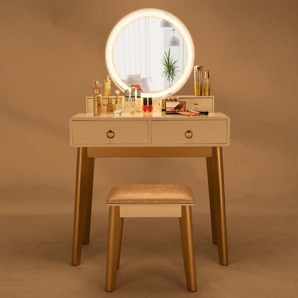 Ubesgoo Vanity Set With Touch Screen Mirror 3 Color Lighting Modes Dressing Table With 4 Sliding Drawers Modern Bedroom Makeup Table And Cushioned Stool Set White Color Walmart Com Walmart Com