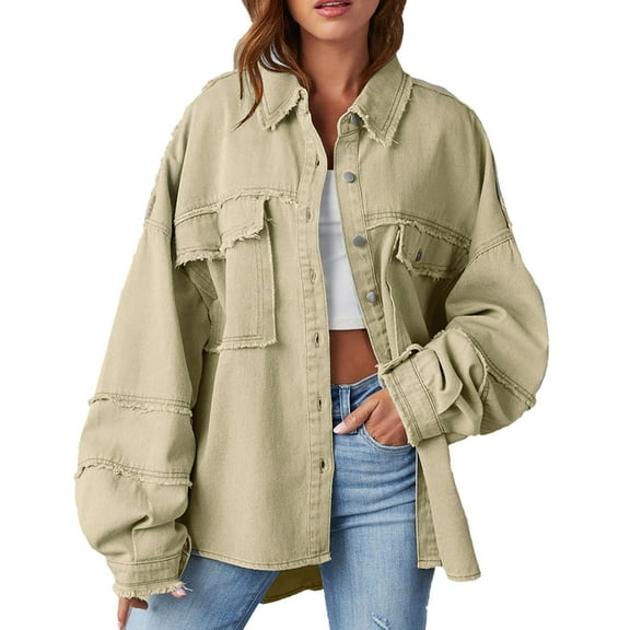 Niaviben Jean Jacket Women Long Denim Jacket Women Oversized Jean Jacket Casual Jackets for Women Womens Jean Jacket Jackets for Women Trendy Jackets for Women Khaki S