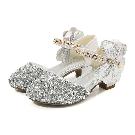 LNMQLPDBS Toddler Dress Shoes Girls Low Heeled Glitter Sequins Dance Shoe Shining Bows Decoration Non-Slip Princess Shoes for Wedding Party Stage Performance Flower Girl Shoes Silver 7-7.5 Years