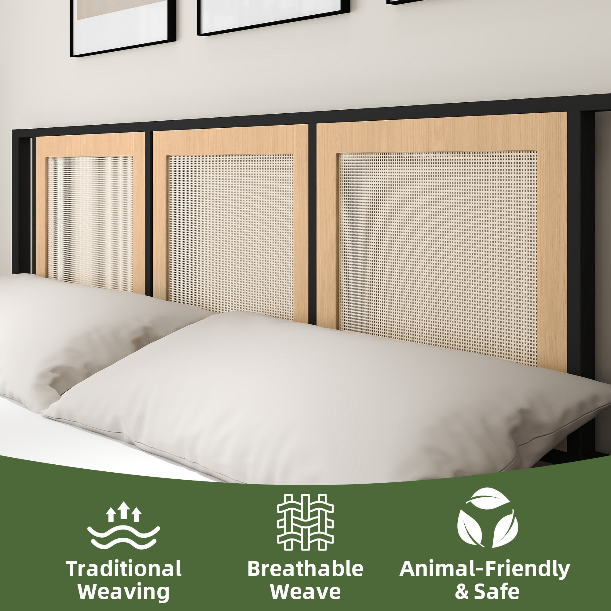 Uforic Boho King Size Bed Frame with Hand-Woven Rattan Design, Dual Storage Drawers, and Noise-Free Metal Slat Support, No Box Spring Required