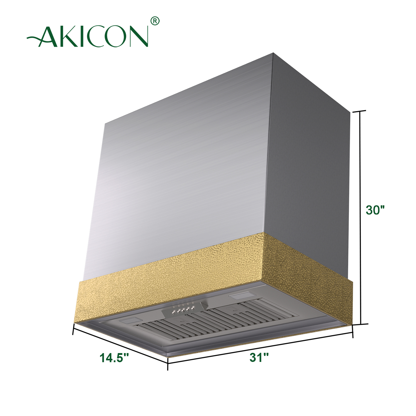 Akicon 600 CFM Wall Mounted Range Hood, Stainless Steel Range Hood 30 inch, Energy Saving, Ducted Kitchen Hood for Cooking, Powerful Vent Motor, Brushed Stainless with Gold