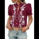 thumbnail image 3 of Blusas de Verano para Mujer 2025, Informales, con Volantes, Cuello en V, Corta Abullonada, Botones y Bordados. Vino Tinto XXL, 3 of 10