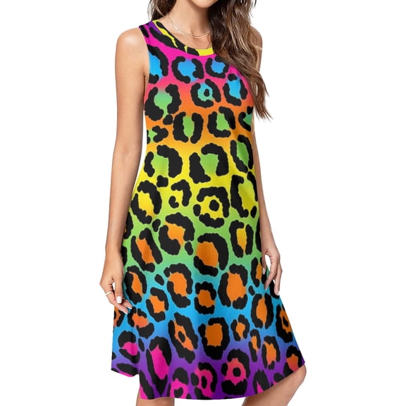 Neon Rainbow Leopard Print Spring Summer Dresses for Women Fashion T-shirt Dress Casual Sleeveless Loose Sundress with Pockets