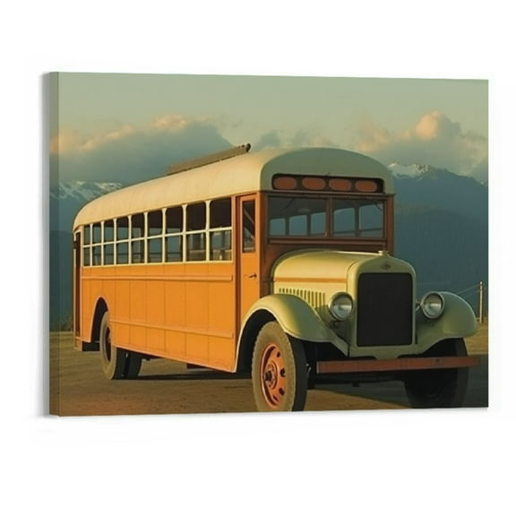 PRATYUS Fall Decor Village School Bus Canvas Wall Art Picture 20x16in for Living Room Bedroom 20x16in
