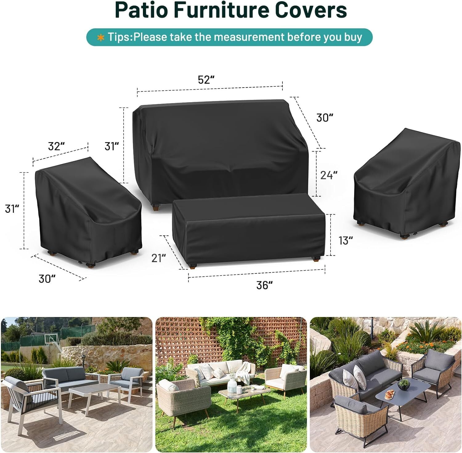 Katinyos Patio Furniture Covers, 4 Piece Outdoor Furniture Covers Waterproof, 420D Heavy Duty Tear-Resistant Patio Chair Covers with Windproof Buckle Strap and Adjustable Drawstring