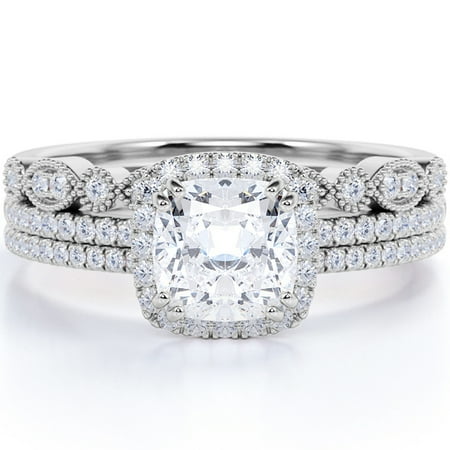 JeenMata Beautiful 1.75 Carat Moissanite Wedding Trio Ring Set with Engagement Ring and 2 Wedding Bands in 18k Gold Over Silver