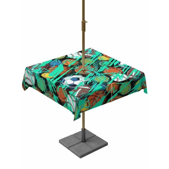Square Outdoor Tablecloth with Umbrella Hole Sports Theme Outside Table Cloth Waterproof Patio Table Cover Funny Abstract Football Rugby Basketball Zipper Tablecloths for Picnic Camping 60x60 Inch