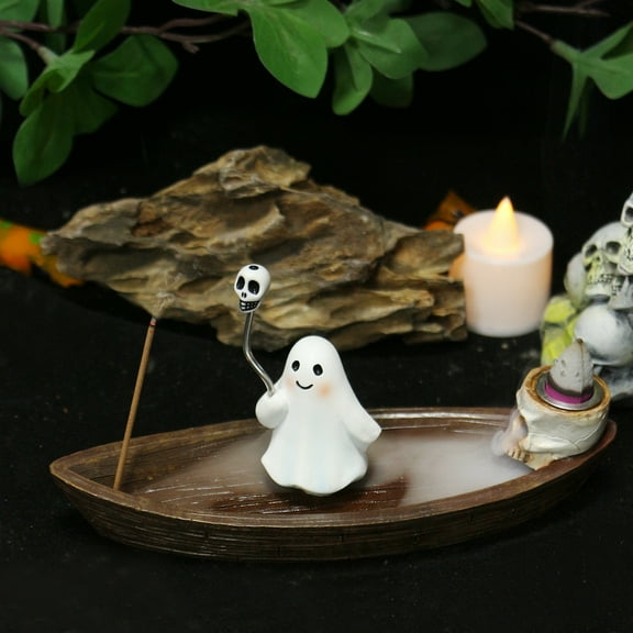 Halloween Ghost on Boat Incense Stick Holder Skull Cone Backflow Incense Burner, Resin Incense Tray Ash Cather for Yoga Meditation Spa Home Office Aromatherapy Decor, 6.49x2.16x2.51"