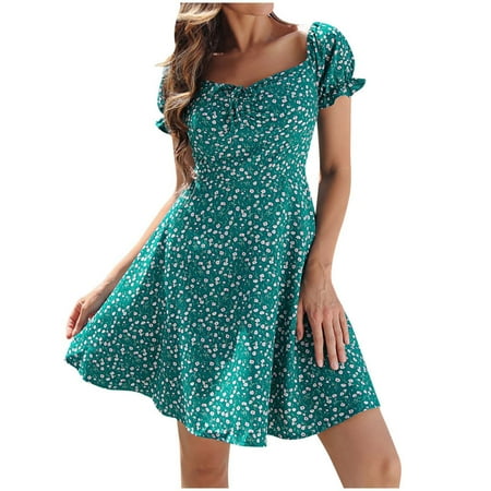 

Ladies Summer Casual Floral Dress Puff Sleeve Short Dress