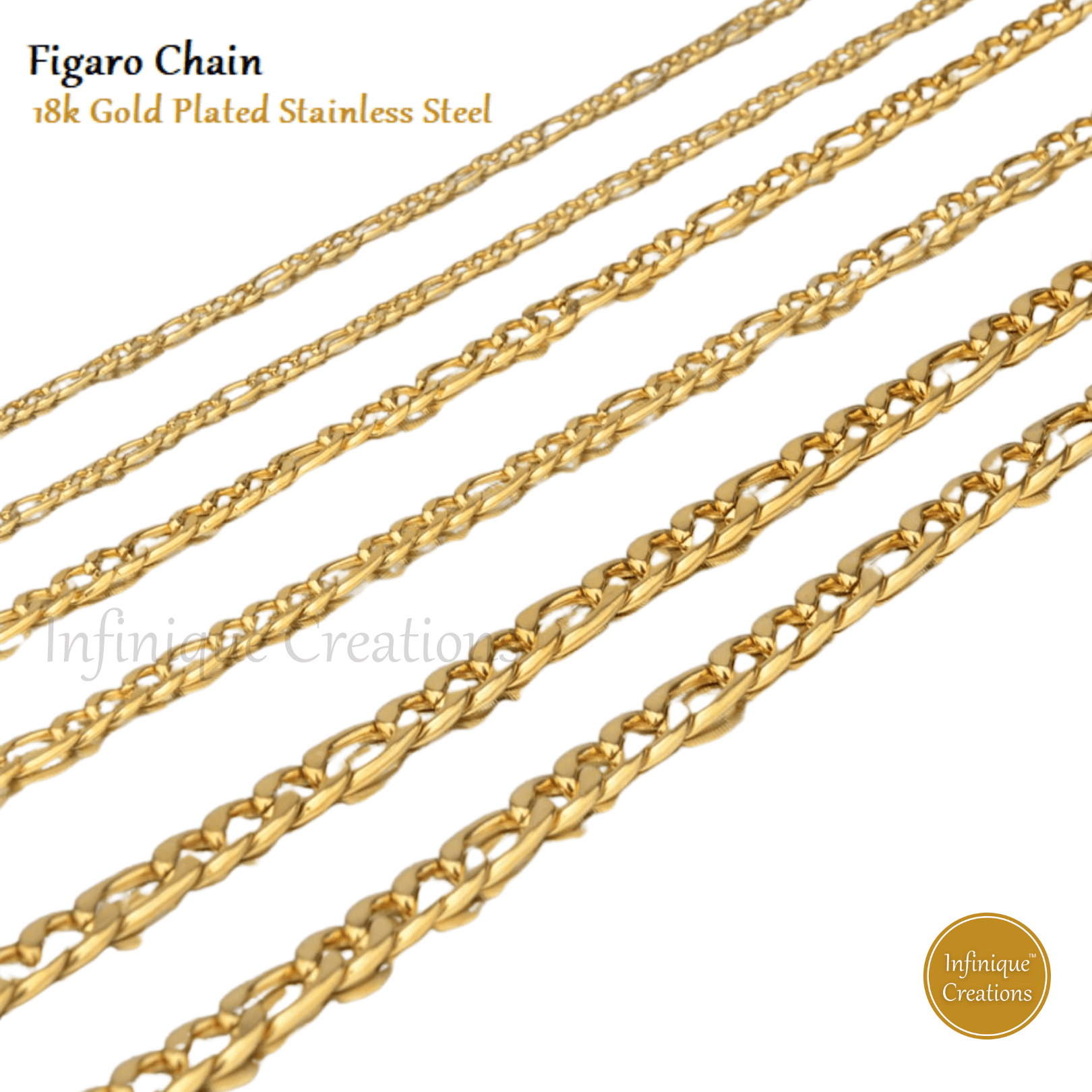 Infinique Creations - 18K Gold Plated Stainless Steel Figaro Chain Bracelet Necklace 7-38" 3-12mm