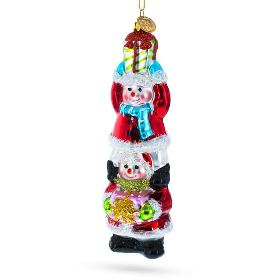 Snowmen Friends Sharing Gifts Glass Christmas Ornament