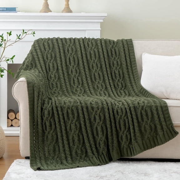 Battilo Olive Green Throw Blanket,Chenille Throws for Couch,Thick Chunky Cable Knit Blanket,51"x67"