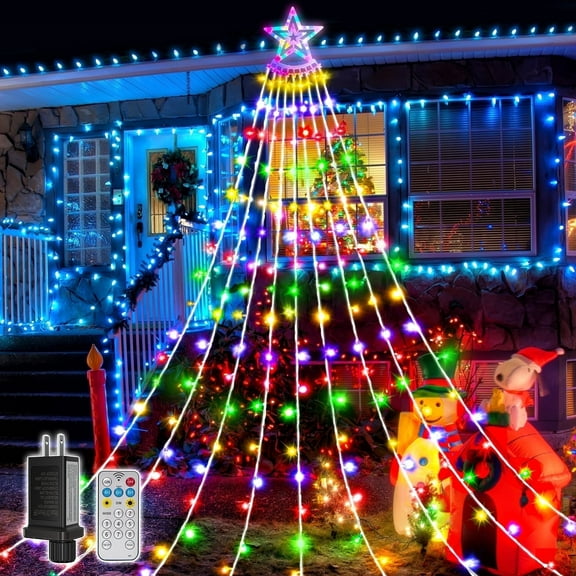 Scidweet Christmas Decorations, 350 LED Christmas Twinkle String Lights with 8 Modes Waterfall Effect for Indoor Outdoor Yard Holiday Xmas Decor, Multicolor