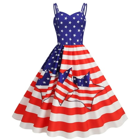 

Hvyesh Independence Day Dresses for Women Casual Summer Midi Dress Loose Fit Print V Neck Sundresses Vacation Spaghetti Strap Sleeveless Tunic Dresses 2023 Blue