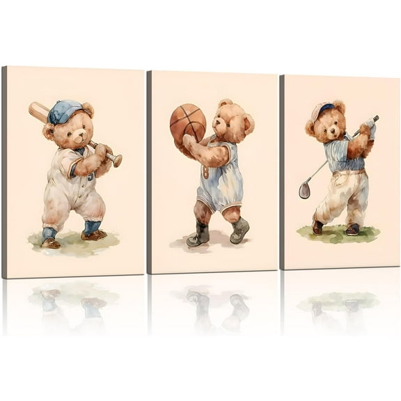 Teddy Bear Sports Nursery Animal Wall Hieng Cute Woodland Rugby Wall Decor Pictures Vintage Basketball Baseball Kids Room Canvas Poster Prints for Boys Room Bedroom Decorations