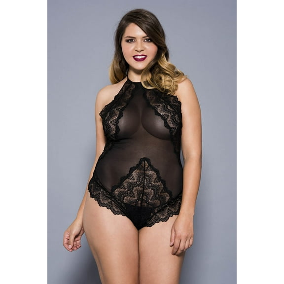 Music Legs Women's Plus size high neck scalloped trim lace teddy with sheer back 80055Q-BLACK