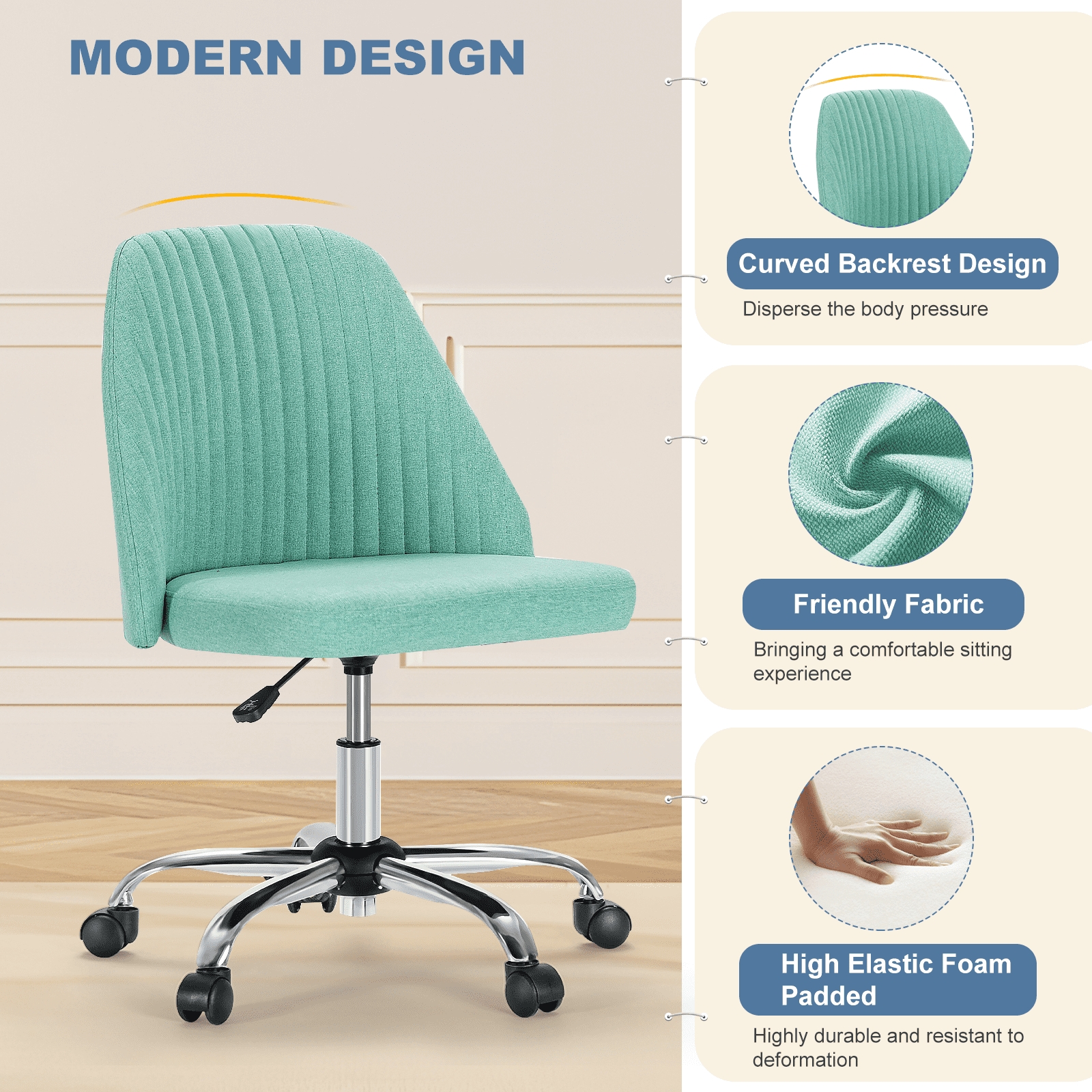 JIOABL Home Office Desk Chair, Office Chairs Desk Chair Rolling Task Chair Computer Chair Adjustable with Wheels Armless for Bedroom, Vanity Chair for Makeup Room, Living Room