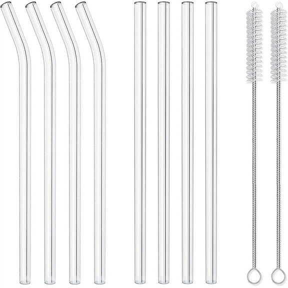 Set of 8Pcs Reusable Glass Straws Set,7.8In 4 Straight and 4 Bent with 2 Cleaning Brushes,Durable Glass Straws for Tumblers,Cocktail,Coffee,Juice