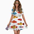 thumbnail image 2 of Colorful Fishes Swim Happily Together Women Dress V-Neck Short Sleeve Flowy Swing Party Midi Dress, 2 of 4
