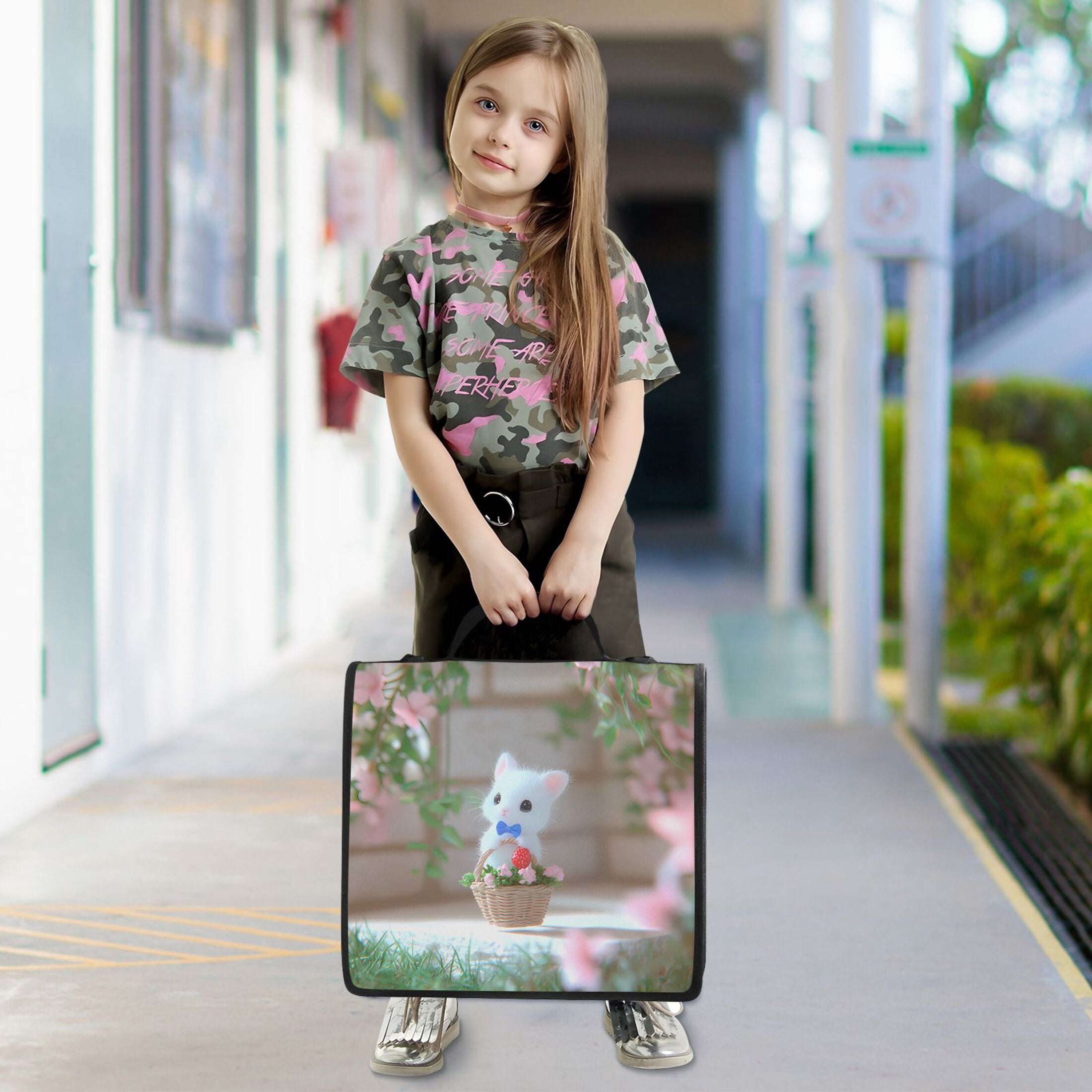 3 Ring Zipper Binder with Shoulder Strap Waterproof Trapper Keeper 2 Inch D-Ring 500 Sheets Capacity Cute Kitten in Flower Basket