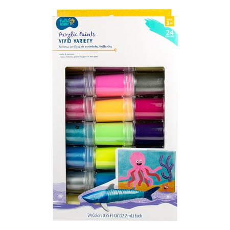 Hello Hobby 24-Pack 0.75 fl oz Kids Deluxe Multi-Color Matte Acrylic Paint Set for Arts Crafts and DIY Projects