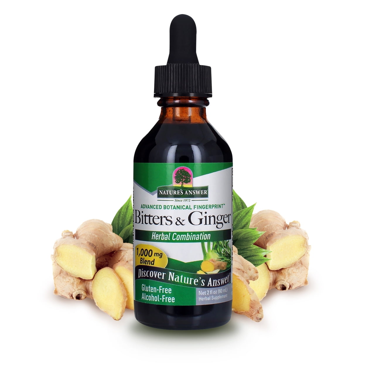 Nature’s Answer Bitters & Ginger Herbal Blend 1,000 mg, Alcohol-Free Liquid Extract, Digestive Support, 2 fl oz