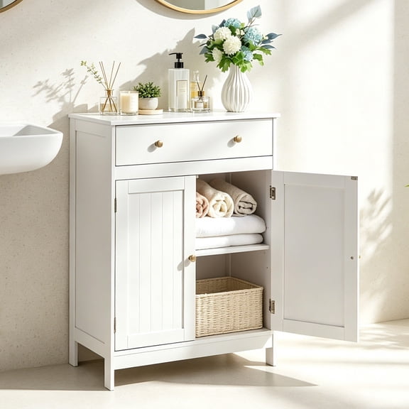 Zimtown White Wooden 2-Door Bathroom Cabinet Storage Organizer with 2 Shelves& 1 Drawer Freestanding