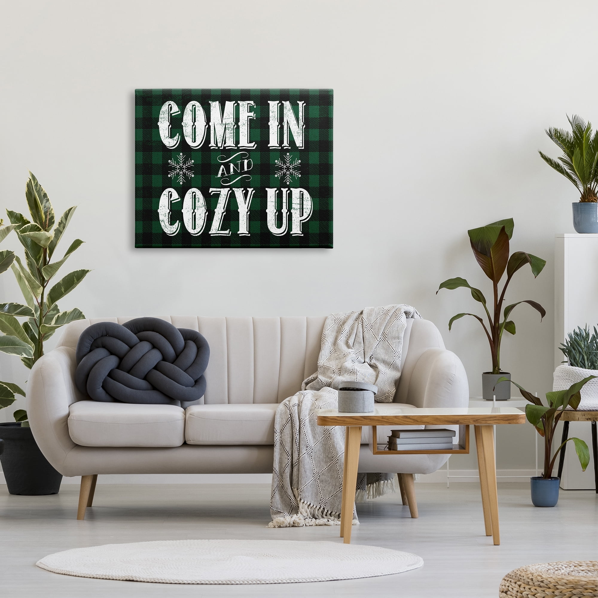 Stupell Industries Come In Cozy Up Phrase Snowflakes Green Plaid Inspirational Painting Gallery Wrapped Canvas Print Wall Art, 30 x 40