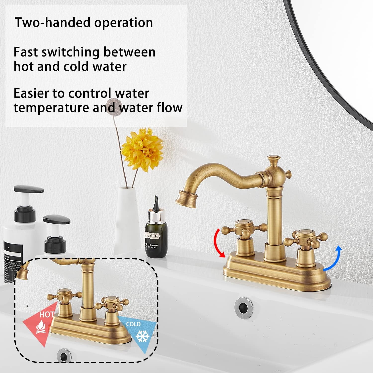Antique Brass Bathroom Faucet - 2 Handles, 4 Inches Centerset, RV Vanity With Drain Assembly and Supply Hose - Lavatory Mixer Double Handle Tap