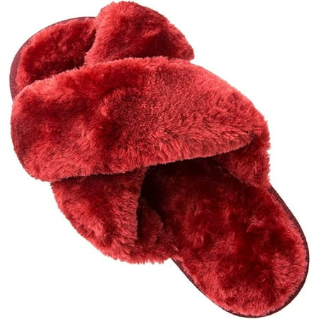 Womens Fuzzy House Slippers Cross Band Cozy Furry Plush Spa Slippers Sandals Memory Foam Soft Warm Flats Anti-Slip Indoor Outdoor Slides Shoes