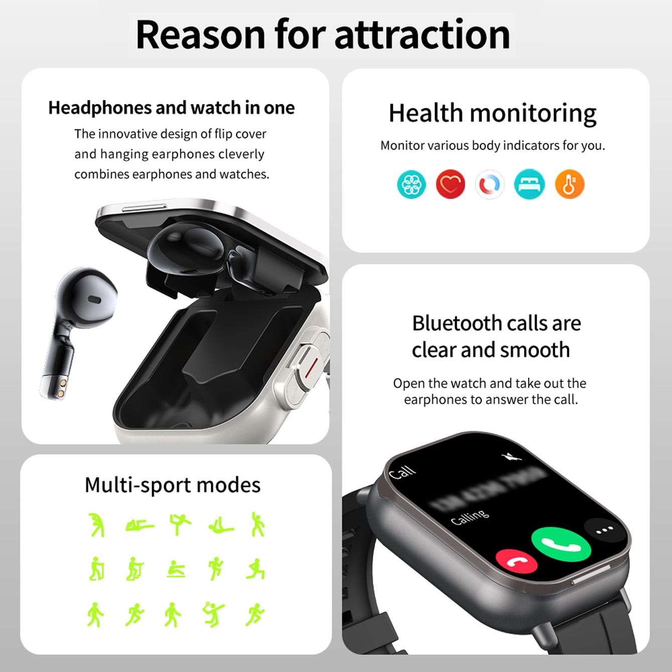 Effeokki 2-in-1 Smart Watch with Wireless Earbuds, Bluetooth Earphones, Compatible with iOS and Android