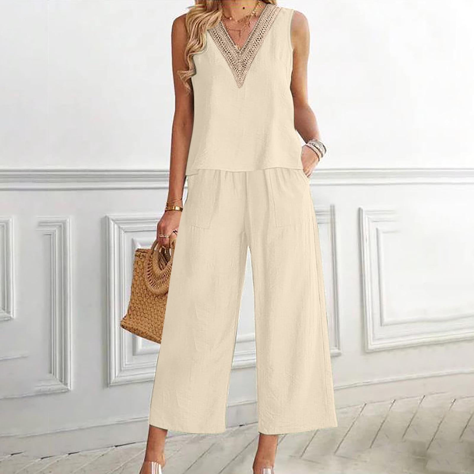 Linen Solid Slip Top with Wide Leg Pants Co-ord Set