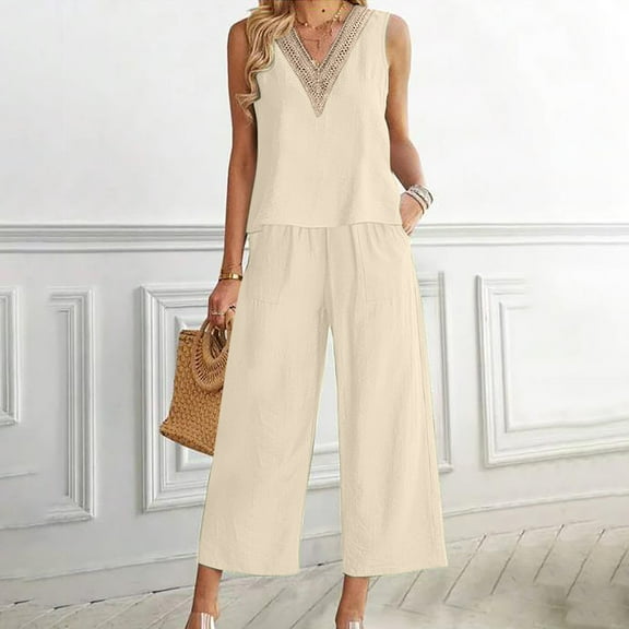 BLTIBY Womens 2 Piece Outfits Cotton Linen Solid Color Sleeveless V Neck Loose Casual Pullover Vest and Wide Leg Pants Suit Set with Pockets Beige 3XL