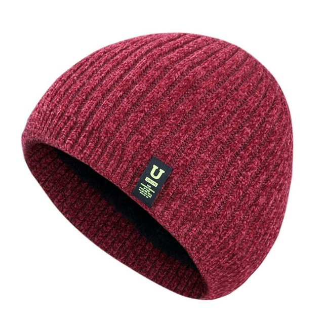 Ribbed Letter Logo Thickened Fleece Lining Beanie Hat Men Winter Solid Color Riding Knitted Hat Costume Accessories