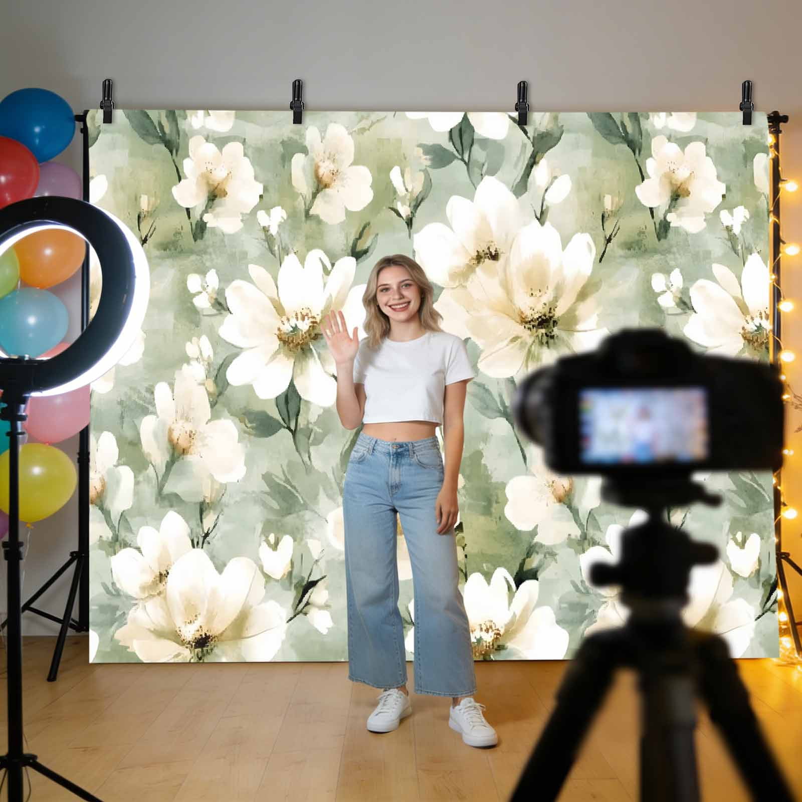 Retro White Backdrop for Photography, Floral Blooming Watercolor Sage Green Oil Paint Photo Backdrop Portrait Background Party Banner Photo Backgrounds for Studio Booth Props, 7x5ft