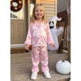 thumbnail image 5 of RUINIXCW Toddler Baby Girl Halloween Silk Stain Pajamas Set Kids Fall Winter PJS Set Sleepwear Ghost Bow Print Fuzzy Cuffs Long Sleeve Button Down Shirt and Pants Set Loungewear Homewear 1-7Years, 5 of 9