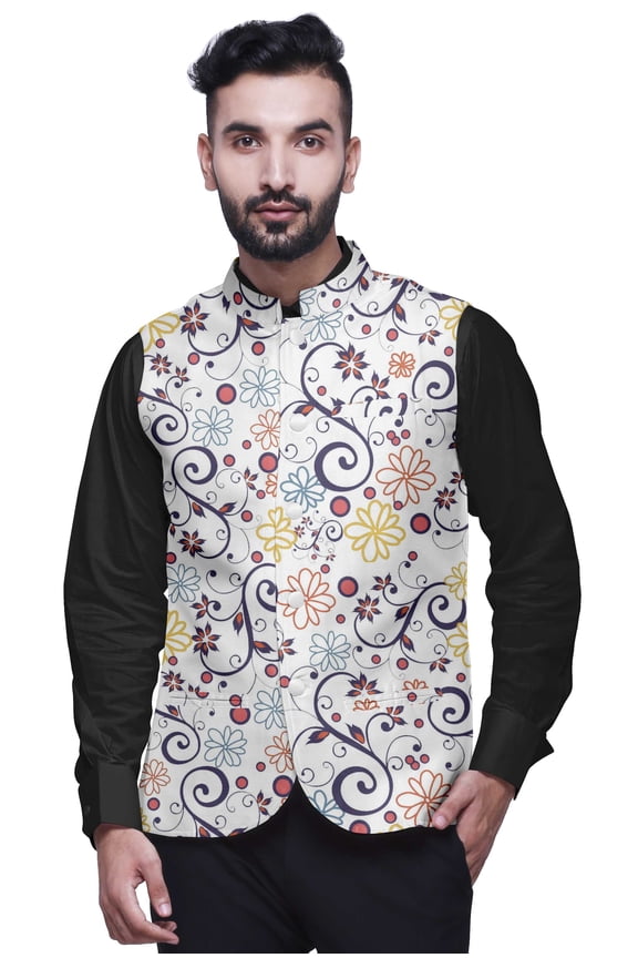 Abstract Mens Casual Jackets Lightweight Partywear Indian Waistcoat Printed Nehru Jacket-Medium