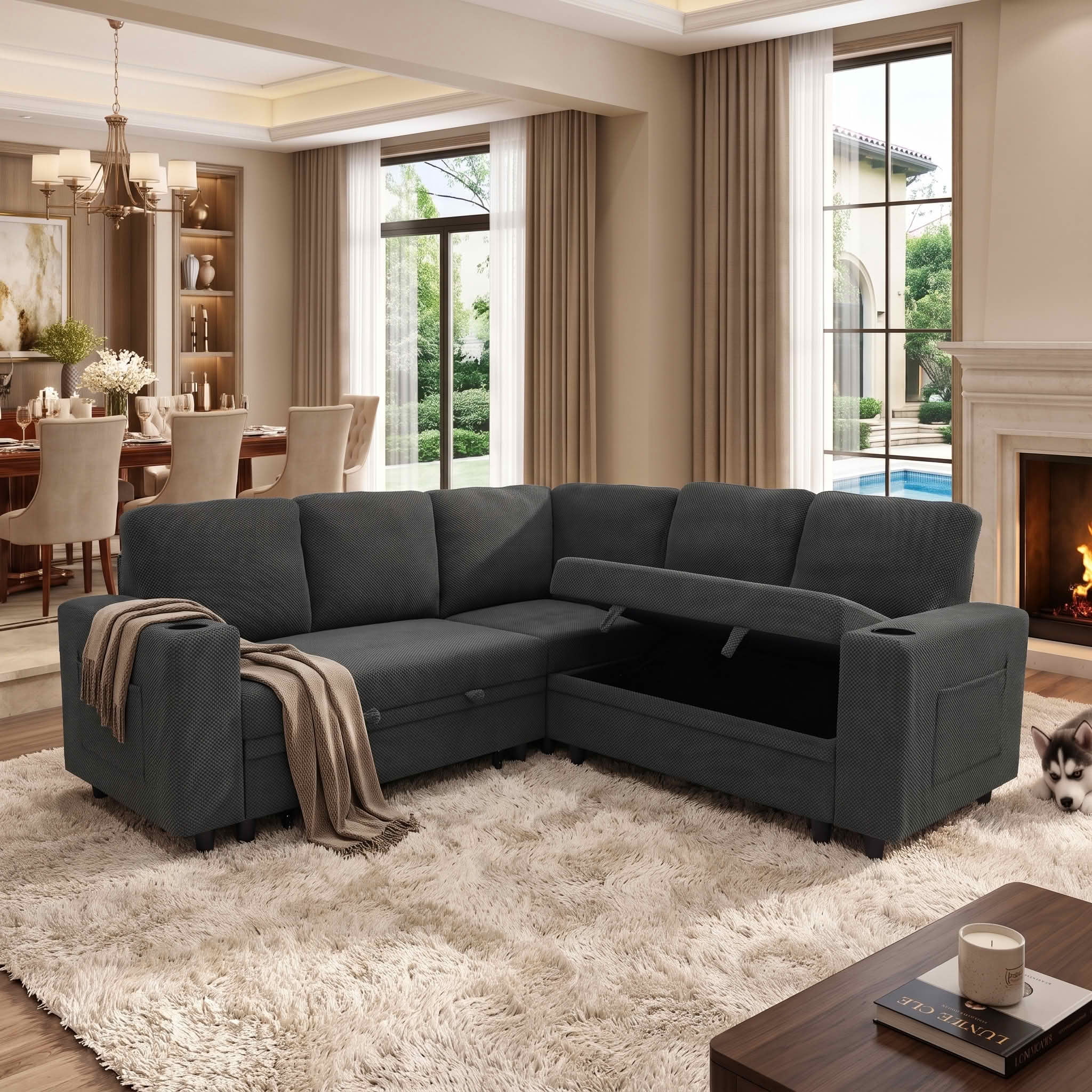 MAYEERTY 76.5 Inch L‑Shape Convertible Sectional Sofa Bed, Nubby Fabric Corner Couch with Pull‑Out Sleeper, Storage, Cup Holders and Side Pockets