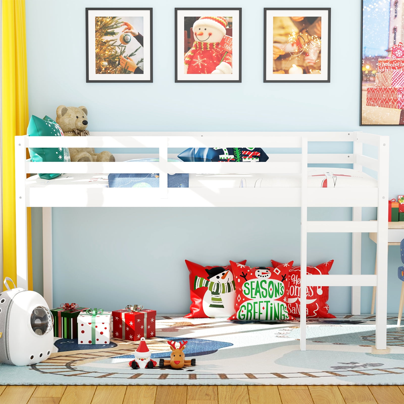 Miniyam Wood Twin Size Loft Bed for Kids, Space-Saving Design, White