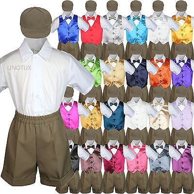 

Baby Boy Toddler Formal Vest Shorts Suit Satin Vest Bow Tie 5pc D Khaki Set S-4T