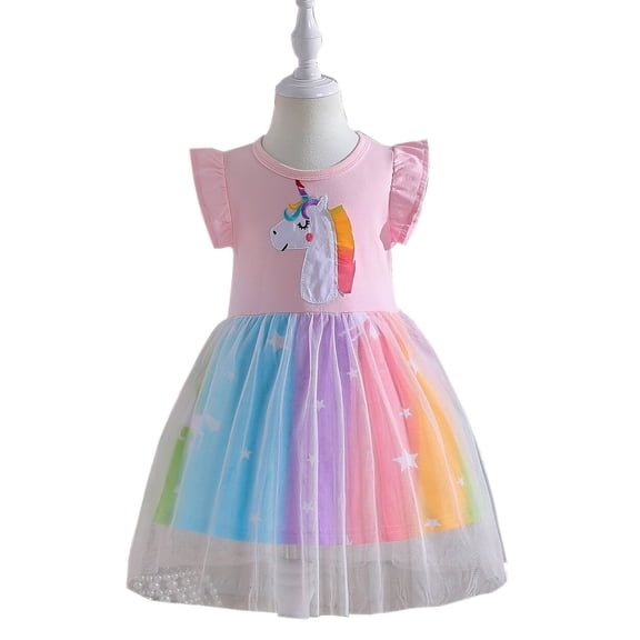 Girls Cartoon Rainbow Tutu Dress Short Sleeve Birthday Princess Outfit for 2-7Y