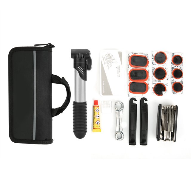 Bicycle Repair Tool Kit by Estink, featuring a multifunctional tire repair kit for bicycles, including a stainless steel multi-function tool set, tire levers, a bone-type socket wrench, a mini inflator, and a tire repair tool box with cold tire patches, metal foil sheet, and tire repair agent. Comes with a black cloth bag for convenient storage and portability. Ideal for mountain bikes and general bicycle maintenance.