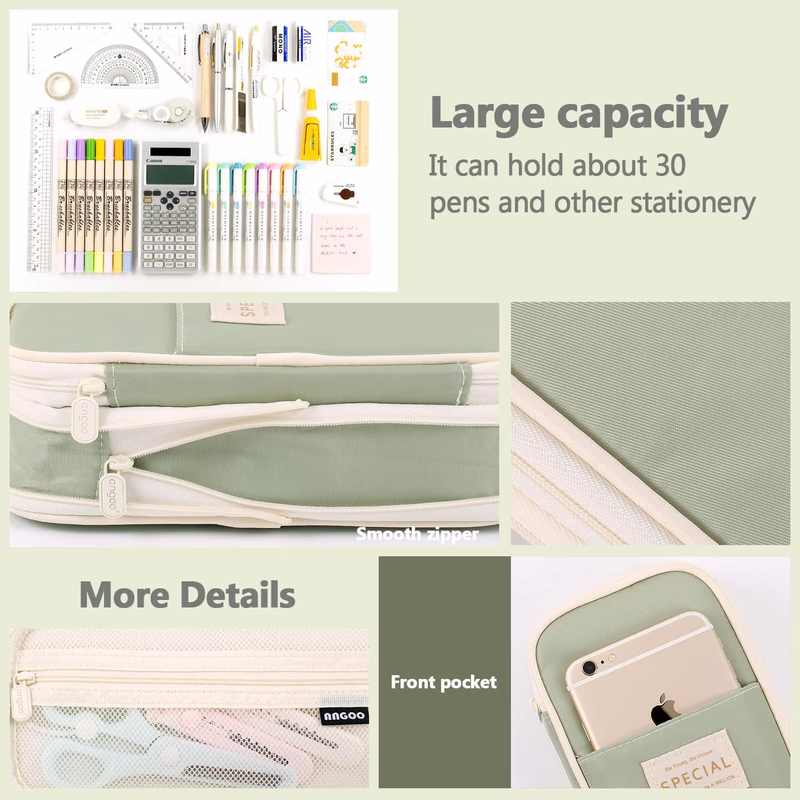 thumbnail image 5 of Big Capacity Pencil Pen Case Simple Stationery Bag College Office Organizer Green, 5 of 7