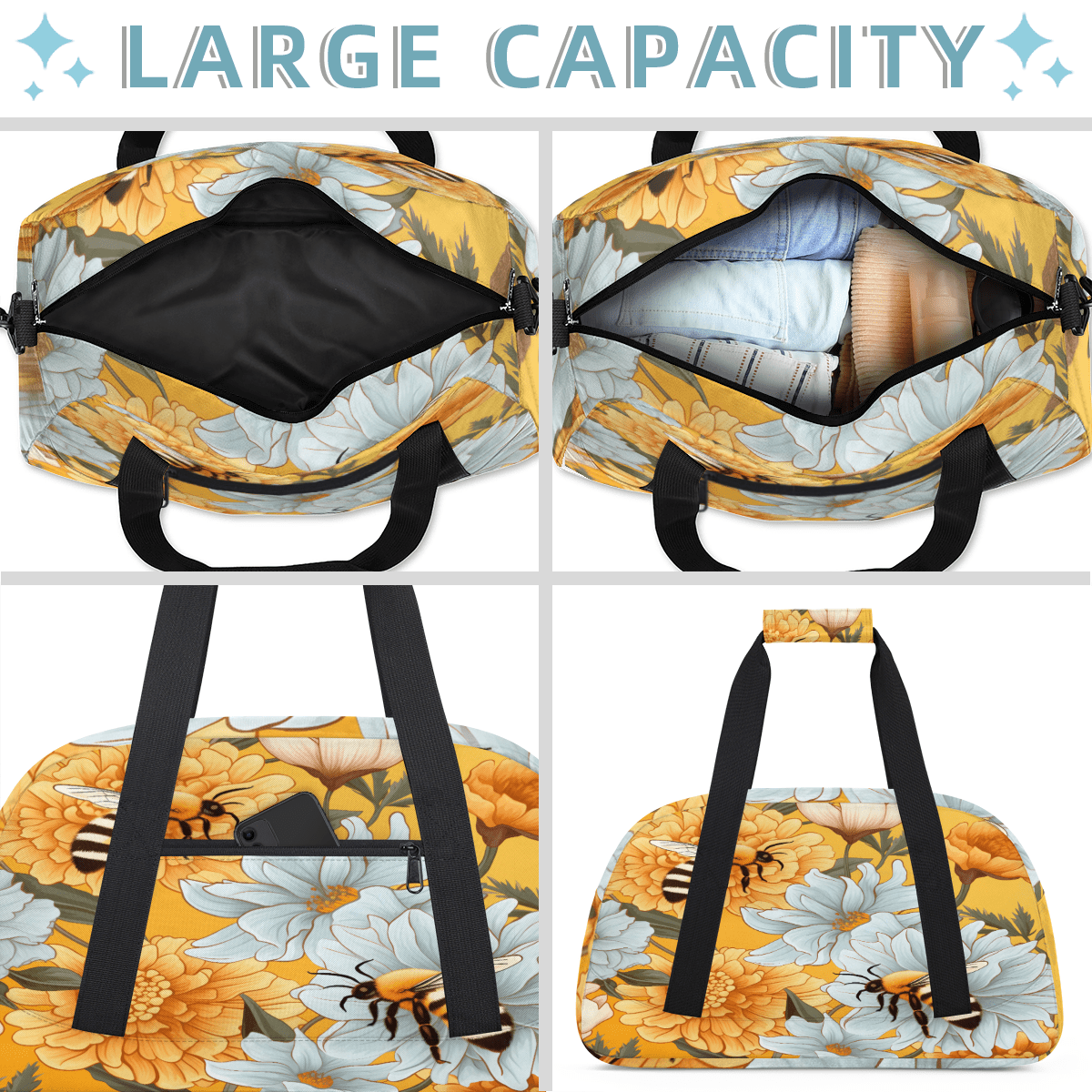 Herdesigns Bee Sports Duffle Bag for Women & Men, Gym Bag Dance Bag Overnight Bag Carry On Weekender Travel Bag