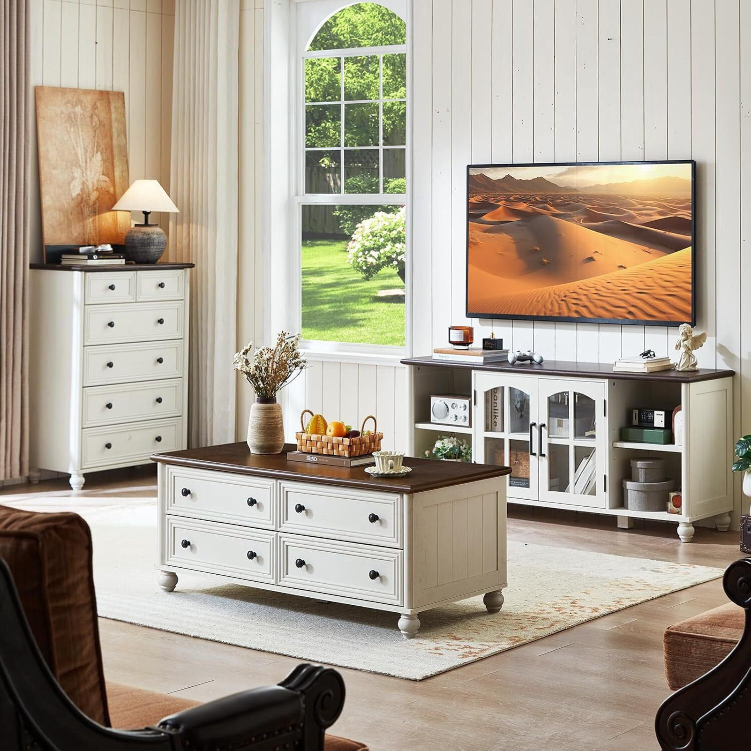 Leyaoyao Farmhouse Coffee Table with Drawers, Rectangular Rustic Center Table with Hidden Storage for Living Room, Office, White