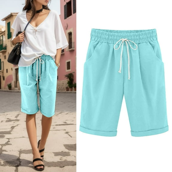 Vedolay Women's Summer Shorts Women's Plus Size Comfy Drawstring Casual Elastic Waist Pocketed Shorts,Blue M