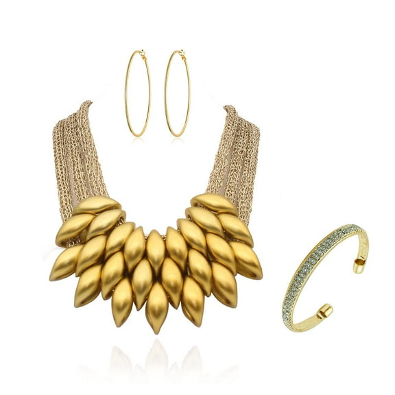 Chunky Layered Tassel Choker Jewelry Sets for Women,African Bib Tribal Collar Necklace,Huggie Hoop Circle Earrings and Shiny Cubic Zirconia Bracelet,3pcs Statement Fashion Trendy Jewelry(GOLD)