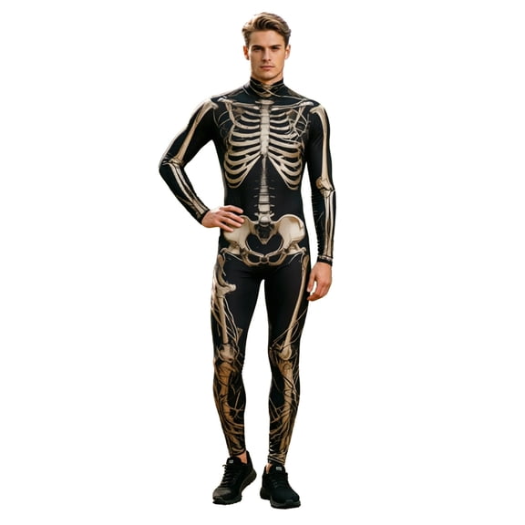 Men's Halloween Skeleton Jumpsuit Tight Fit Bodysuit,Long Sleeve Bodysuit for Performance Dress Up Party Onesie